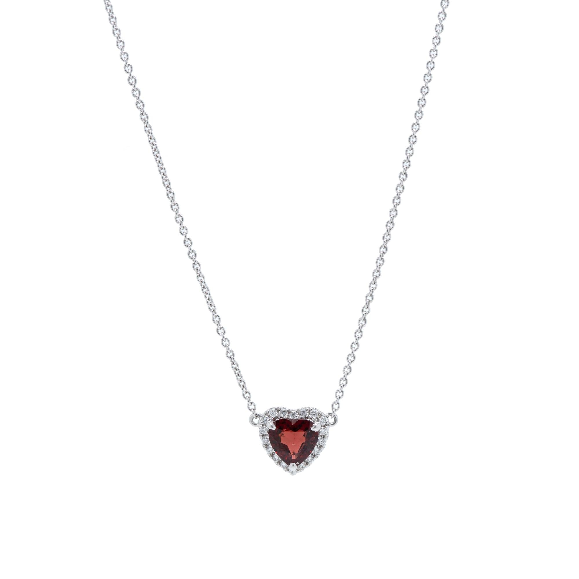 14k White Gold Garnet & Diamond Heart Pendant Necklace
