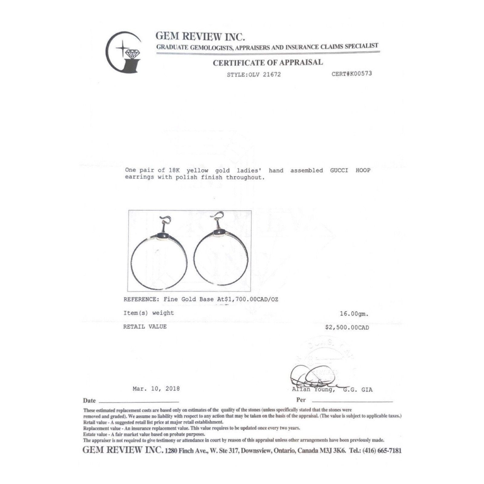 18 Karat Yellow Gold Gucci Hoop Earrings
