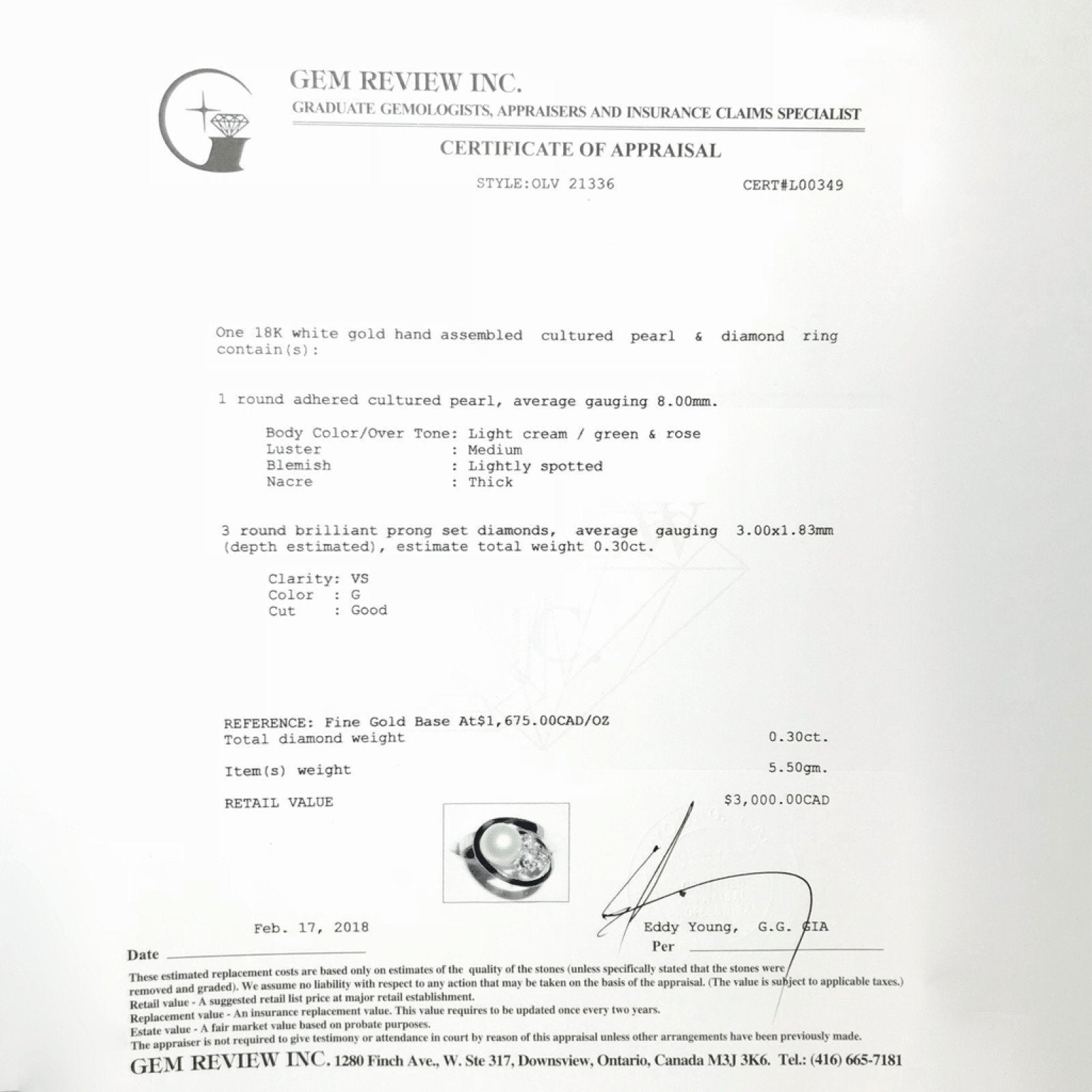 18K White Gold Pearl and Diamond Ring