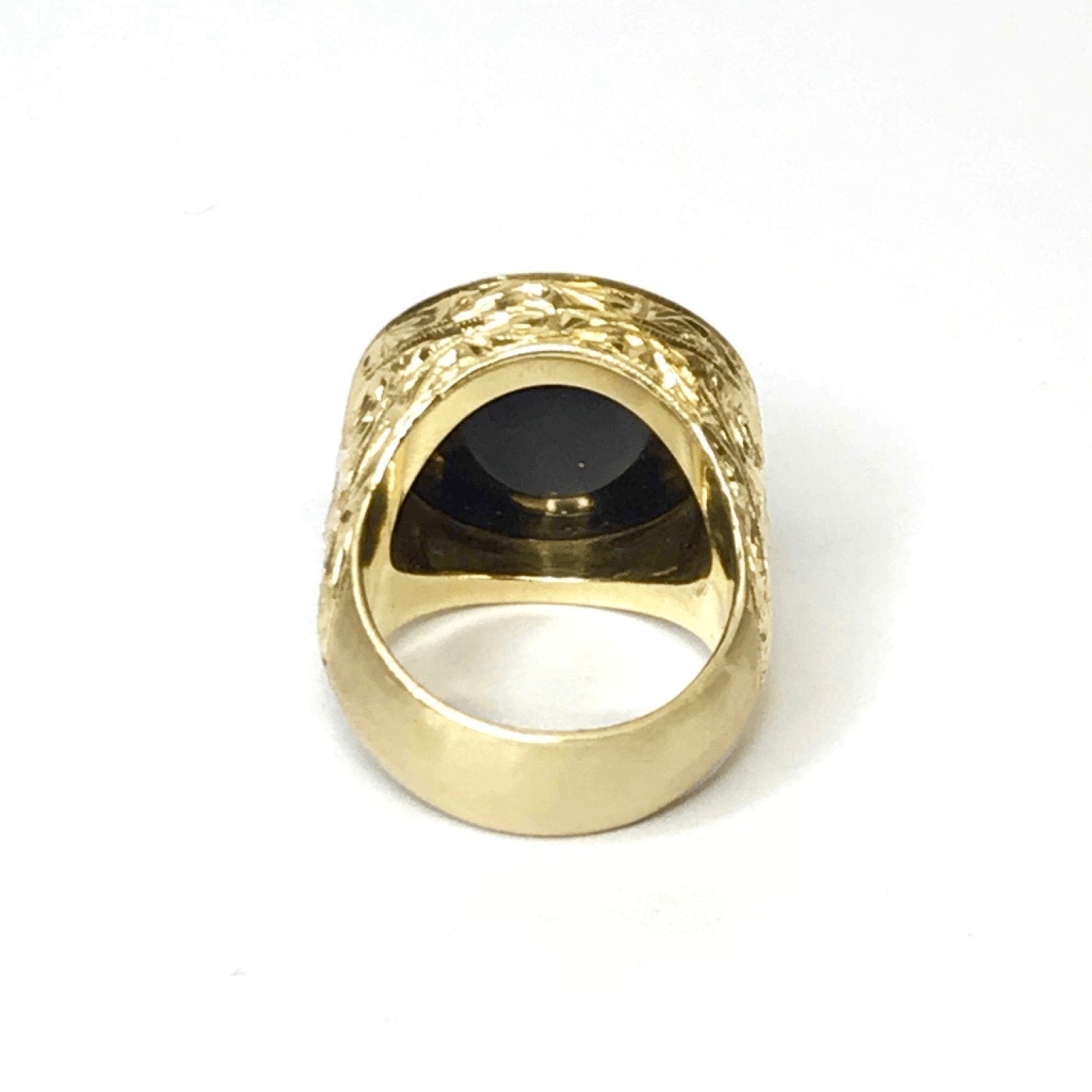 18K Yellow Gold Carved Mer Curius Hermes Black Onyx Ring