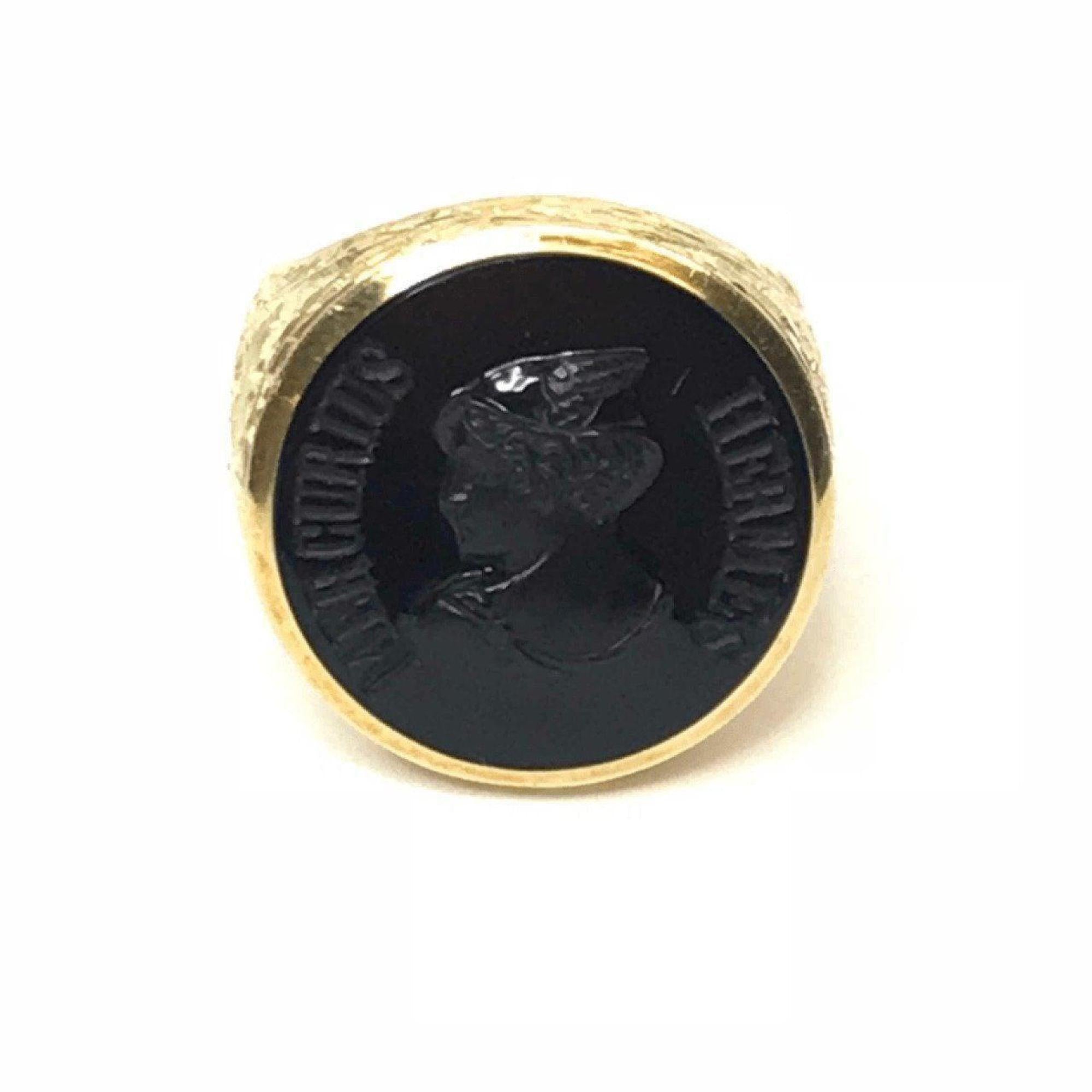 18K Yellow Gold Carved Mer Curius Hermes Black Onyx Ring