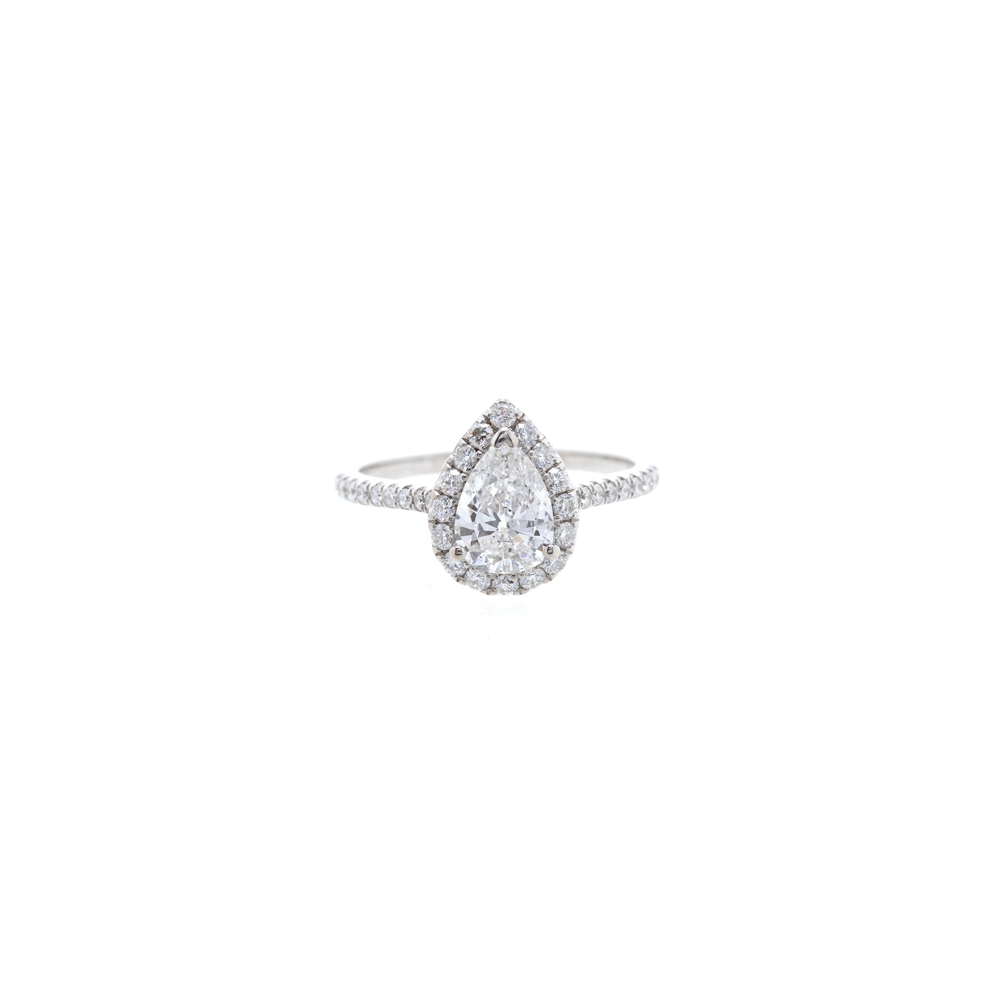 18k White Gold 1.12 ct. Pear Shaped Diamond Halo Engagement Ring w/ GIA