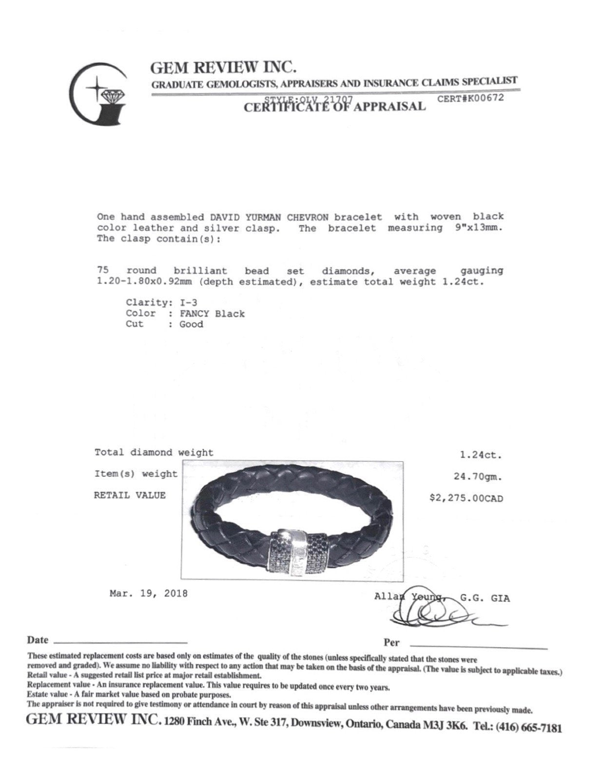 David Yurman Chevron Narrow Woven Leather Black Diamond Bracelet