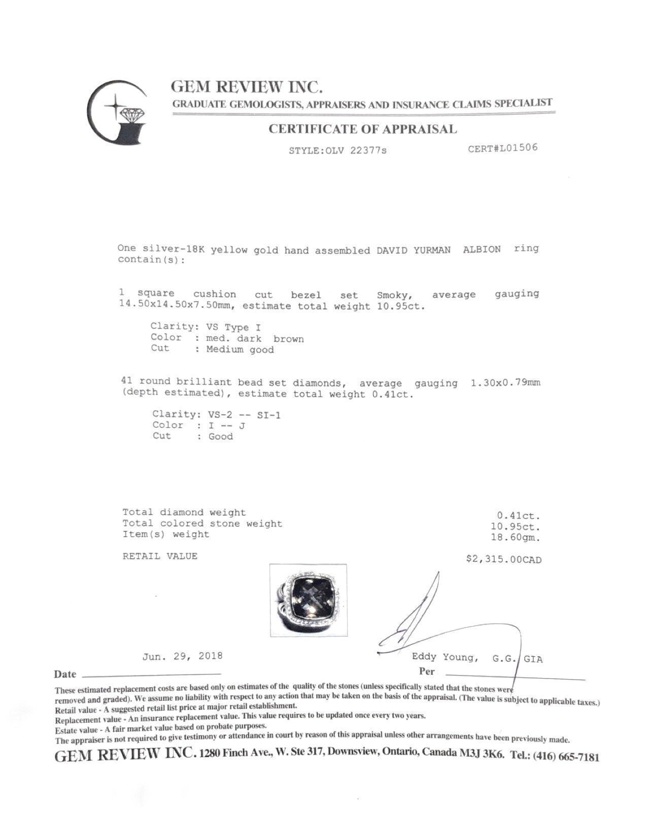 David Yurman Albion Ring with Smoky Quartz and Diamonds