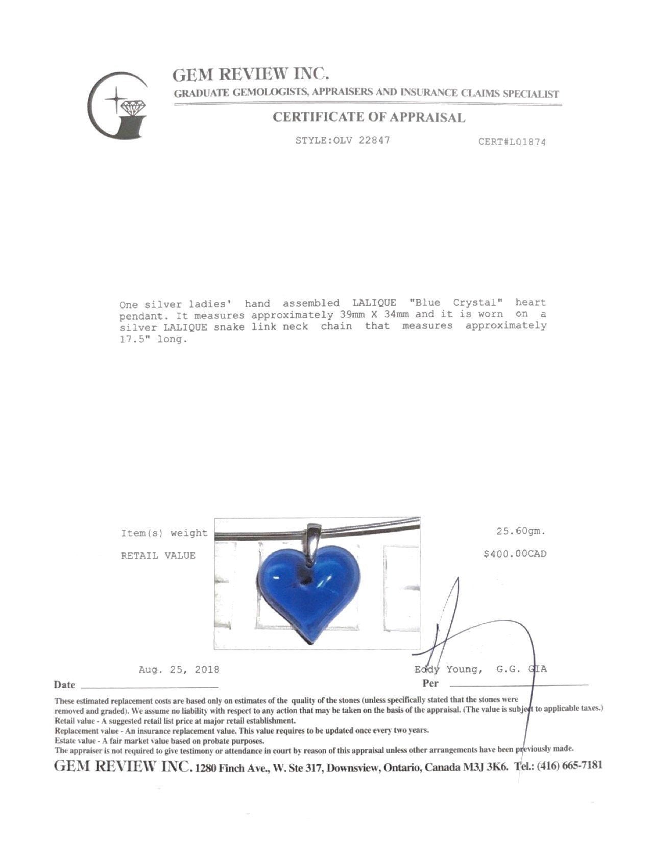 Lalique Crystal Heart Pendant Necklace