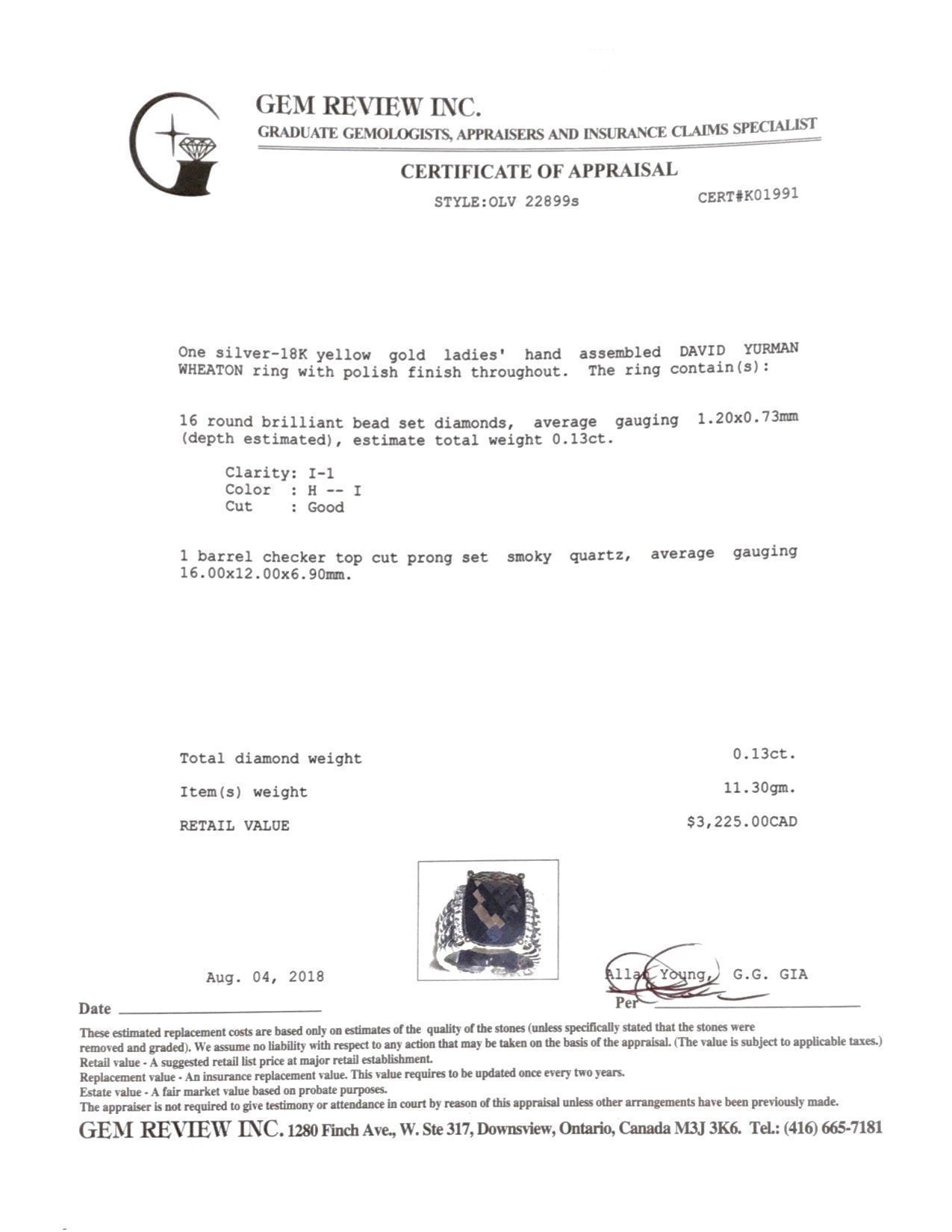 David Yurman Smoky Quartz and Diamond Wheaton Ring