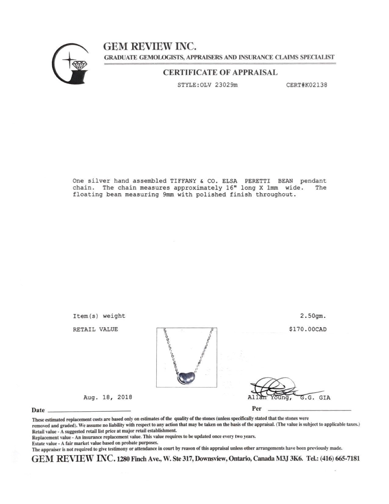 Tiffany & Co. Elsa Peretti Bean Pendant Necklace