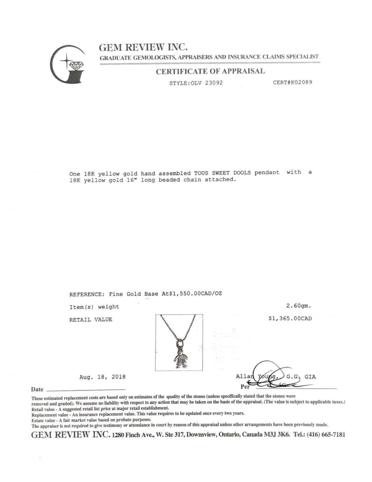 Tous 18k Gold Sweet Dolls Pendant Necklace