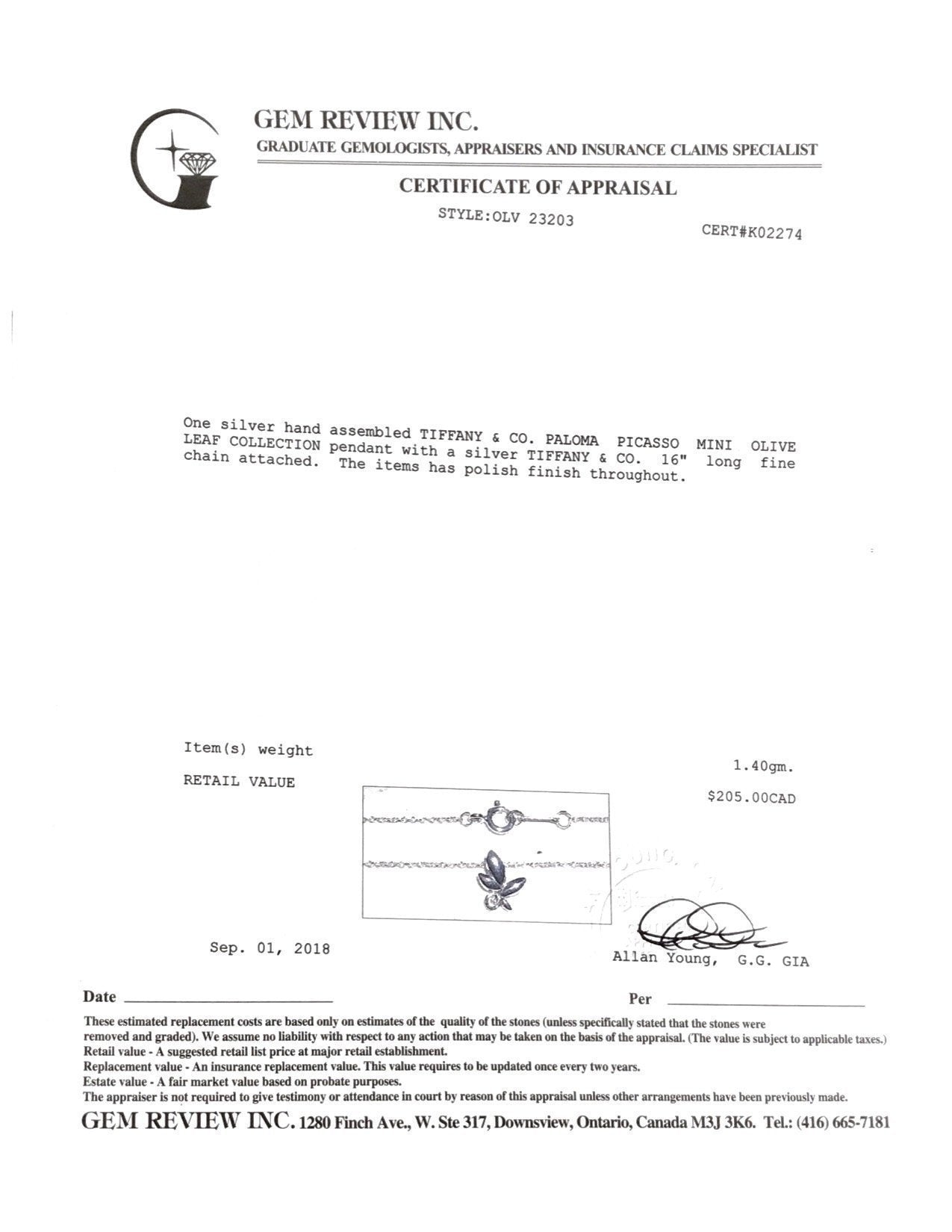 Tiffany & Co. Paloma Picasso Mini Olive Leaf Pendant Necklace