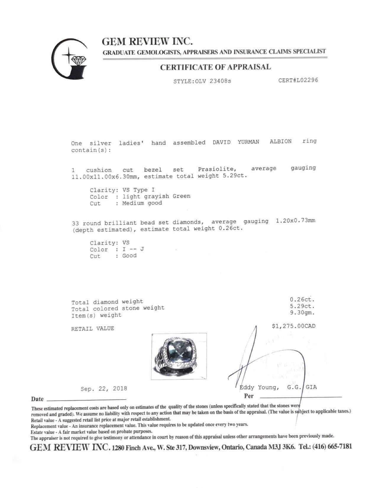 David Yurman Albion Ring with Prasiolite and Diamonds