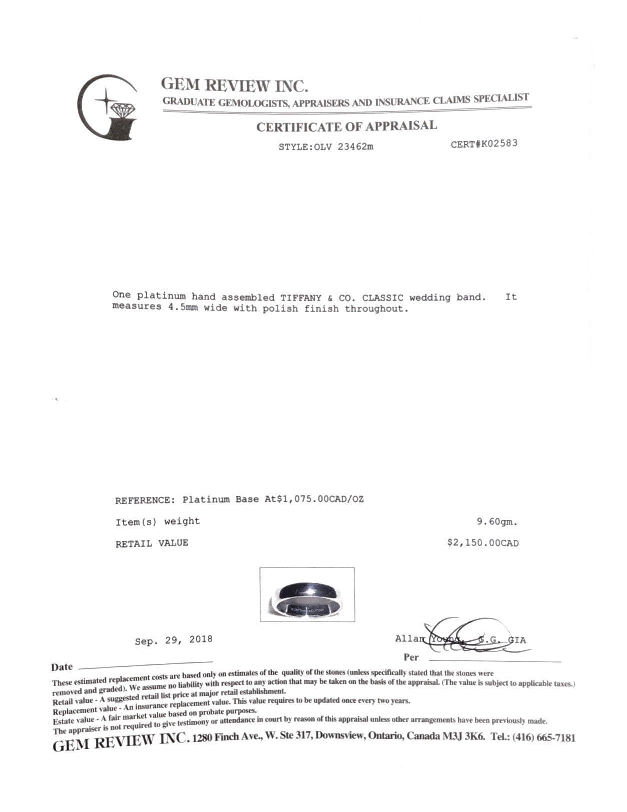 Tiffany & Co. Classic Wedding Band Ring