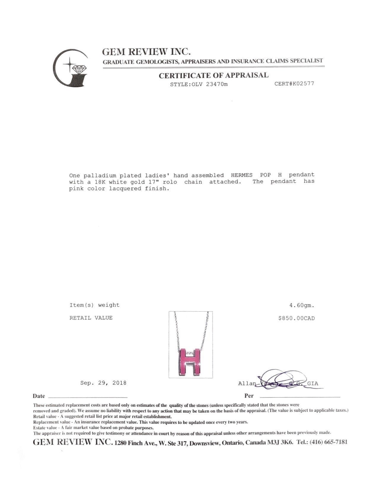 Hermes Pop H Pendant Necklace