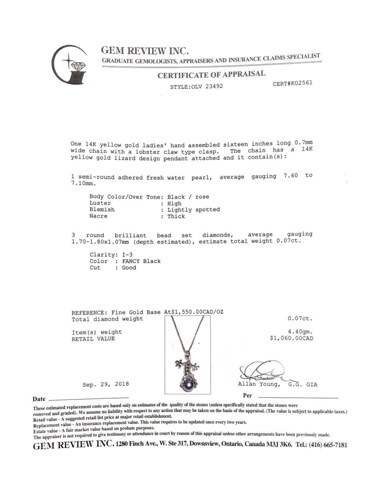 Black Pearl and Diamond Lizard Pendant Necklace