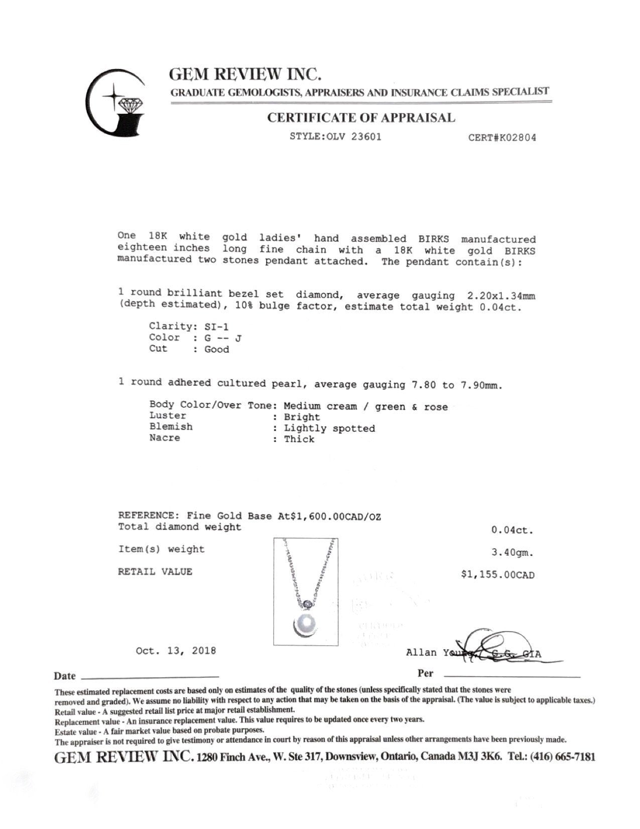 Birks Pearl and Diamond Pendant Necklace