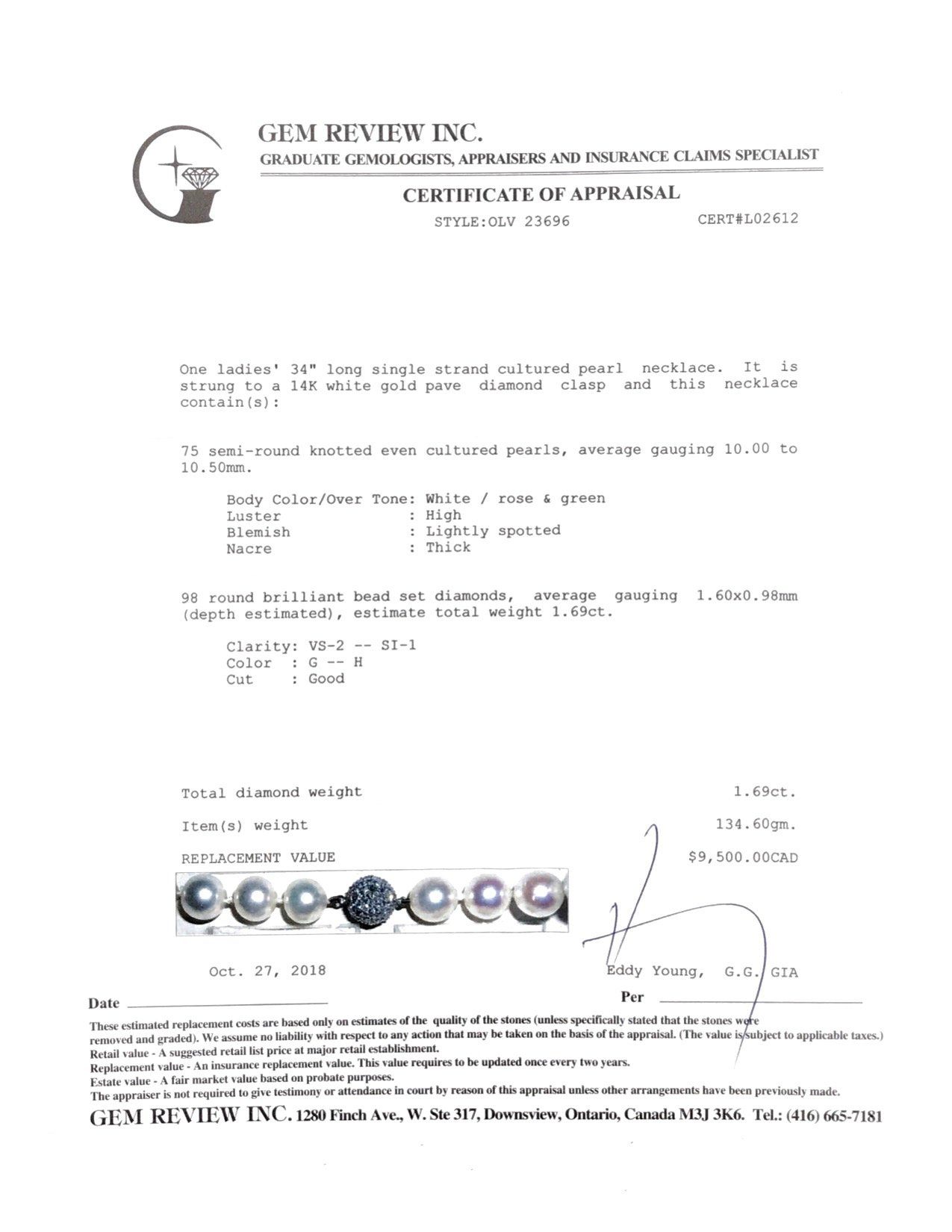 10-10.5 mm Pearl Necklace with Pave Diamond Clasp