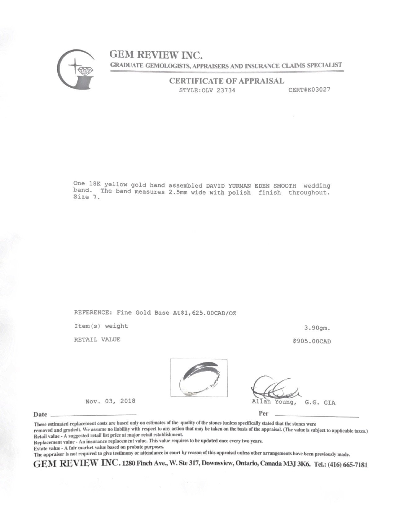 David Yurman Gold DY Eden Smooth Wedding Band