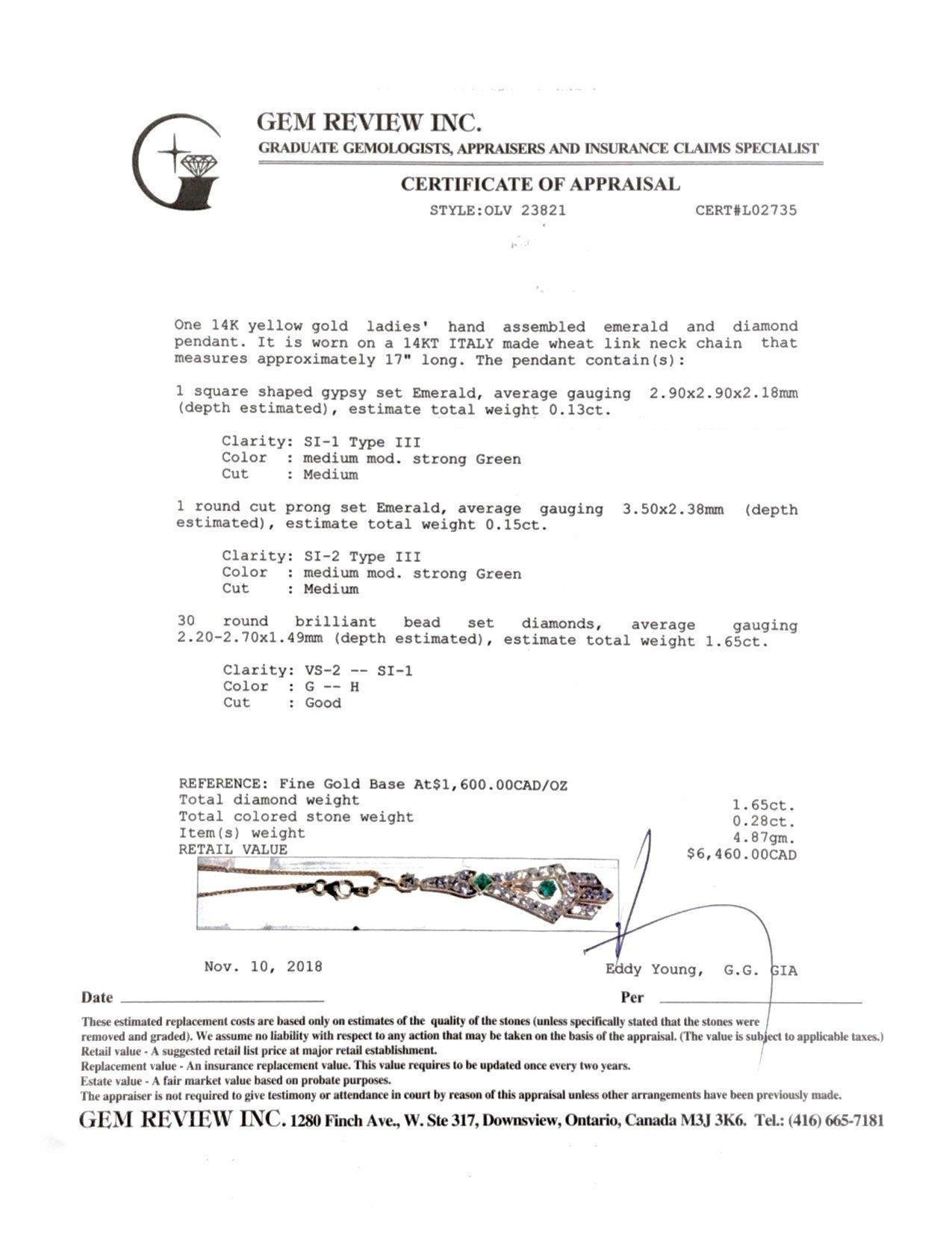 Emerald and Diamond Drop Pendant Necklace