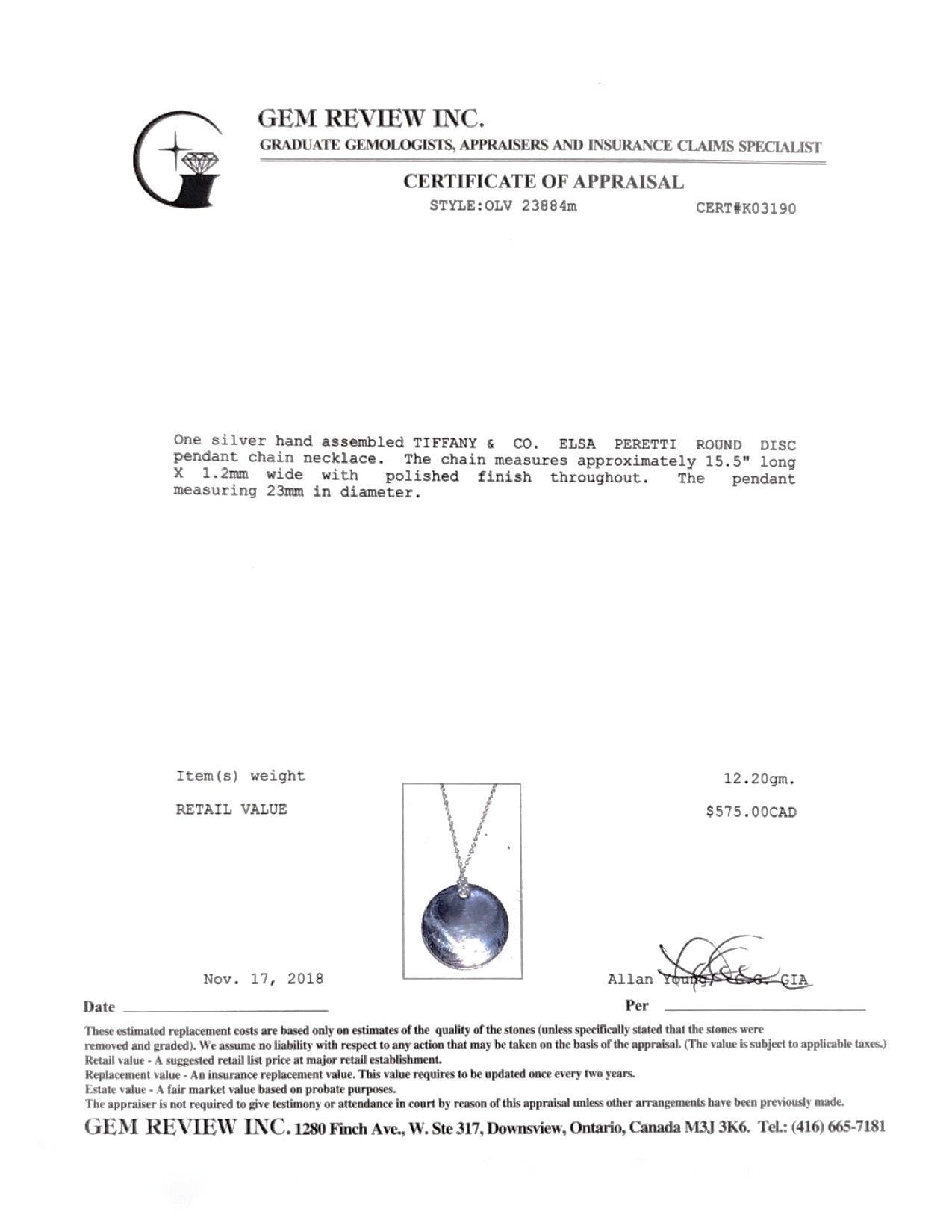 Tiffany & Co. Elsa Peretti Round Pendant Necklace