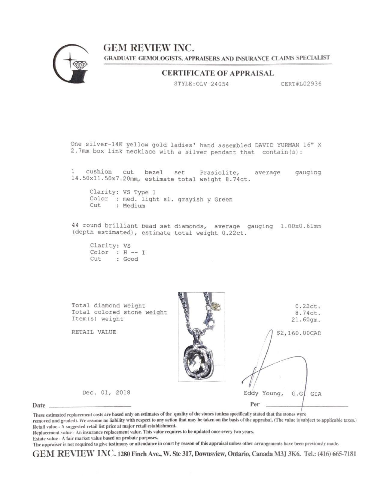 David Yurman Prasiolite and Diamond Pendant Necklace