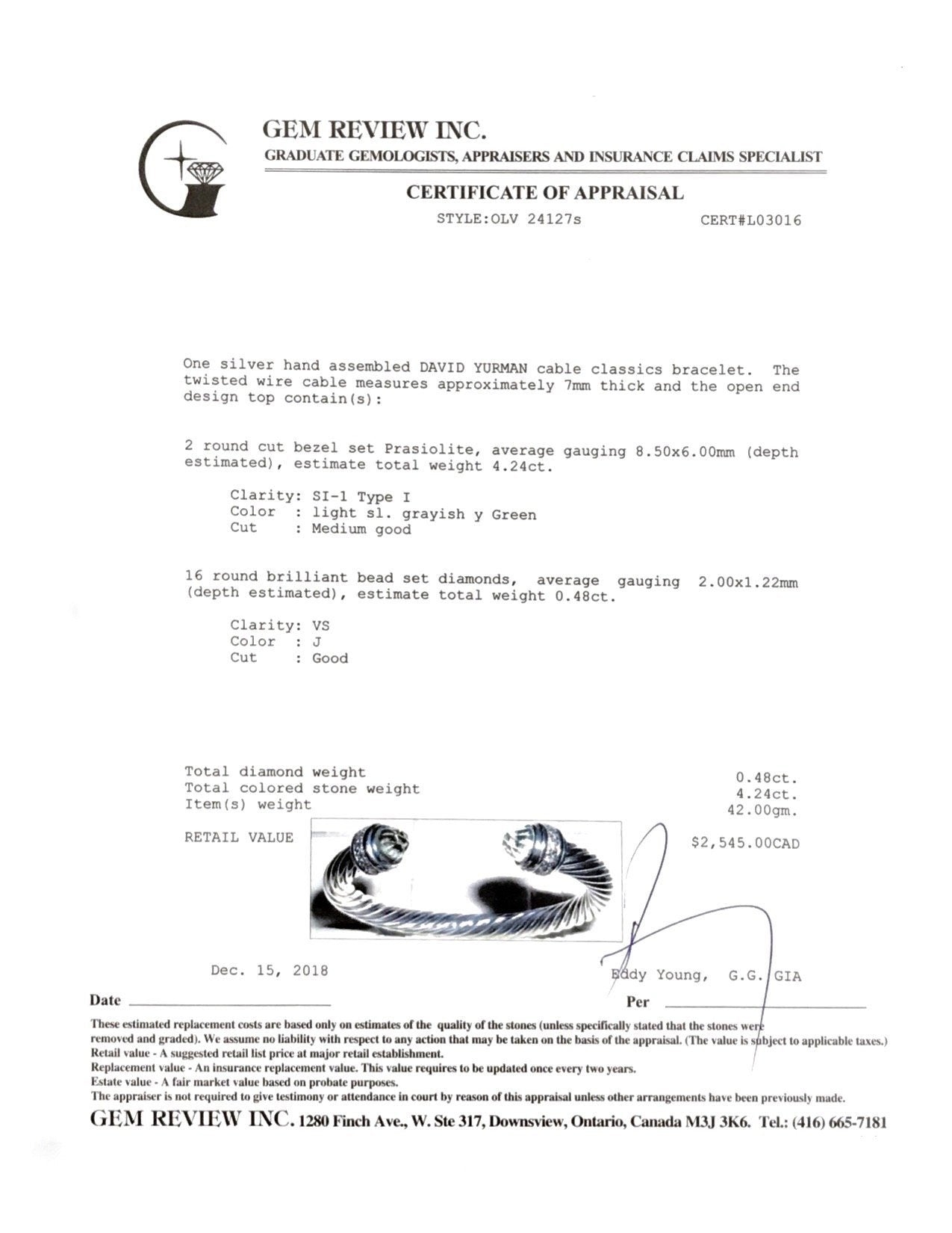 David Yurman Cable Classics Bracelet with Prasiolite and Diamonds