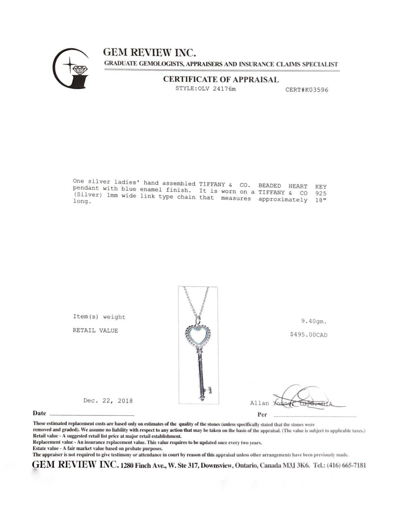 Tiffany & Co. Beaded Heart Key Pendant Necklace