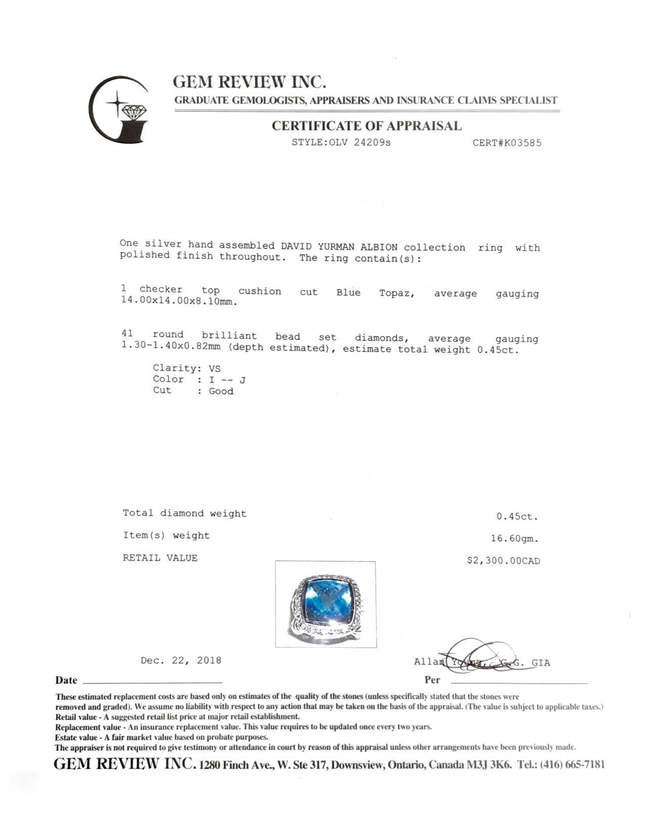 David Yurman Albion Ring with Blue Topaz and Diamonds