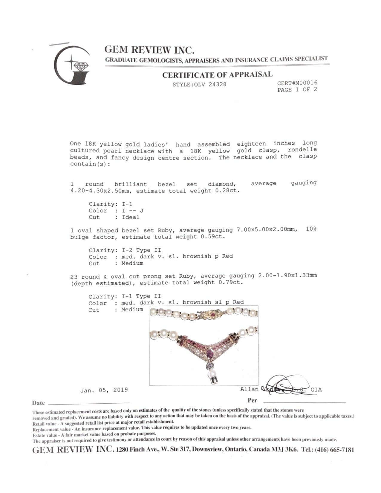 Pearl Necklace with Ruby and Diamond Pendant