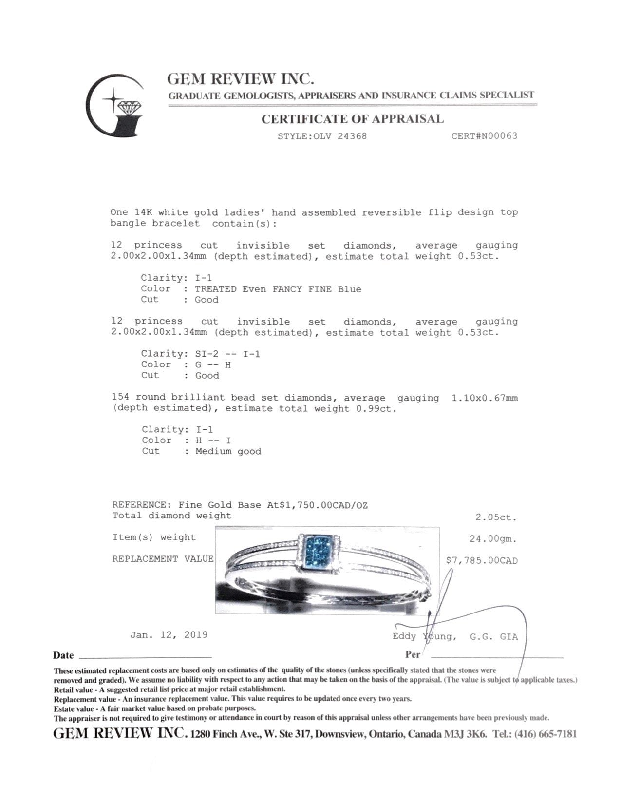 Blue & White Diamond Reversible Flip Top Bangle Bracelet