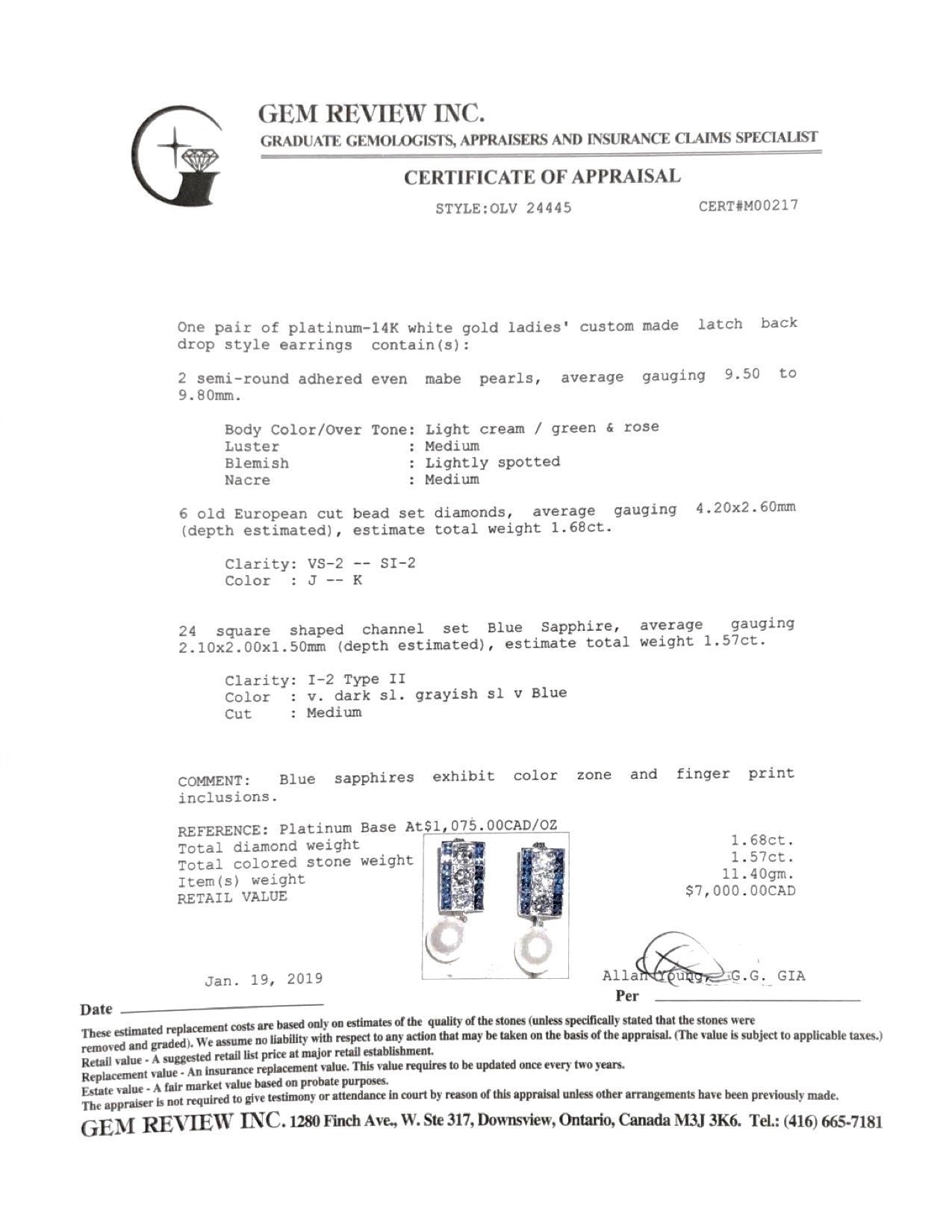 Antique Sapphire, Diamond, and Pearl Drop Earrings