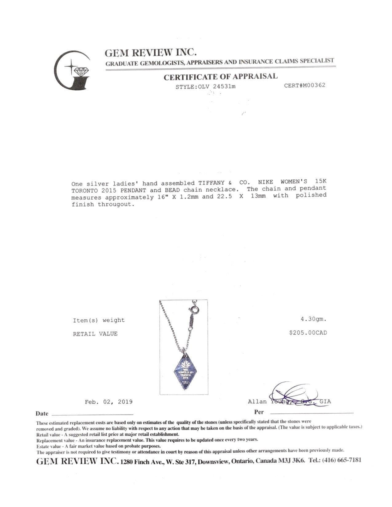 Tiffany & Co. 2015 Nike Women's Toronto Pendant Necklace