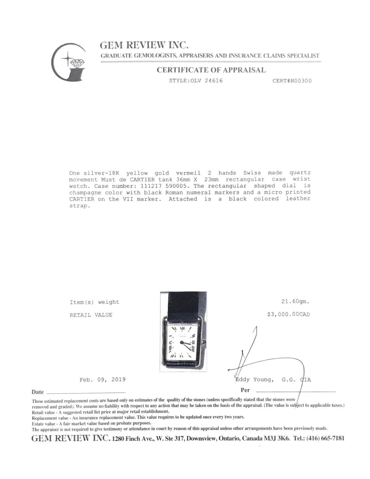 Cartier Must de Cartier Tank Vermeil Watch