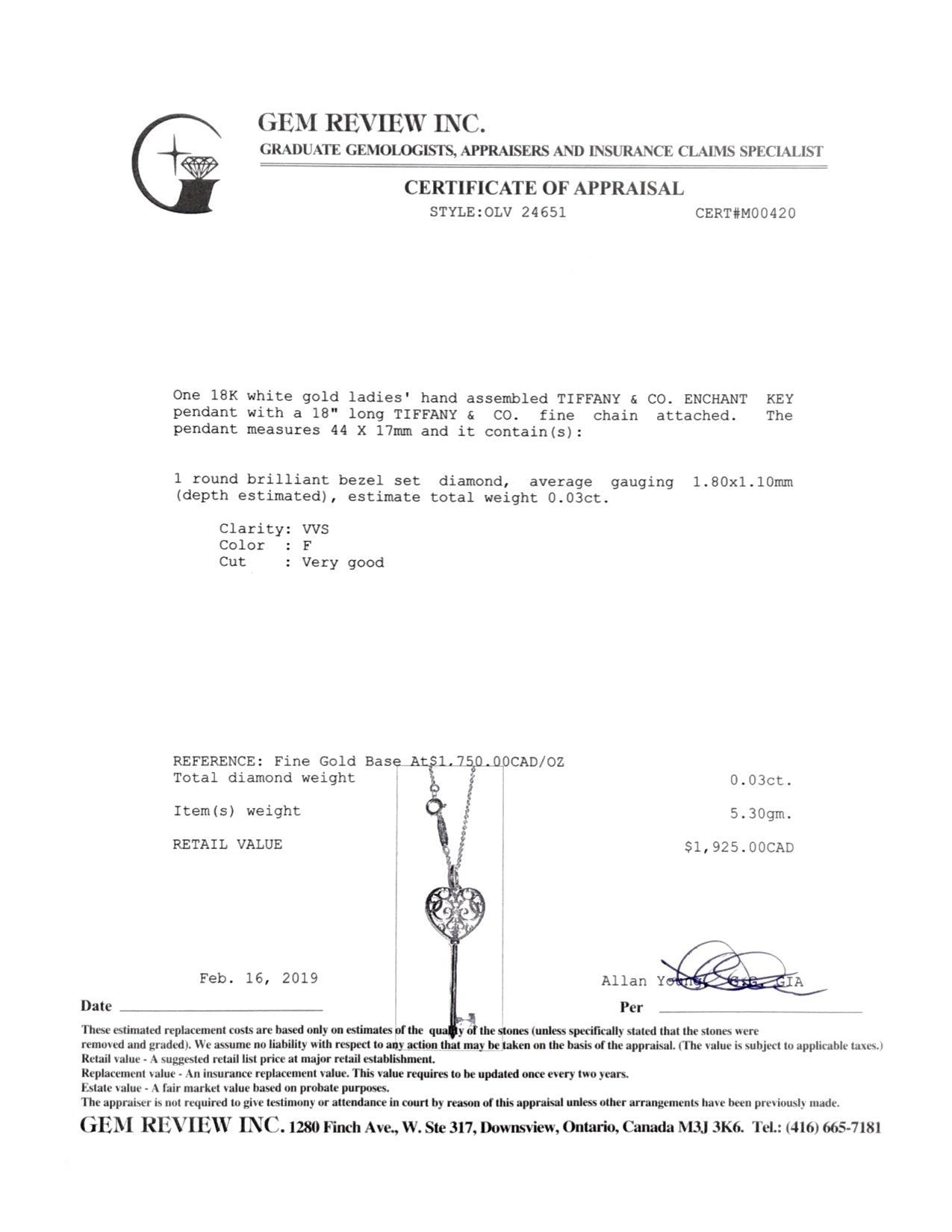 Tiffany & Co. White Gold Enchant Heart Key Pendant Necklace with Diamond