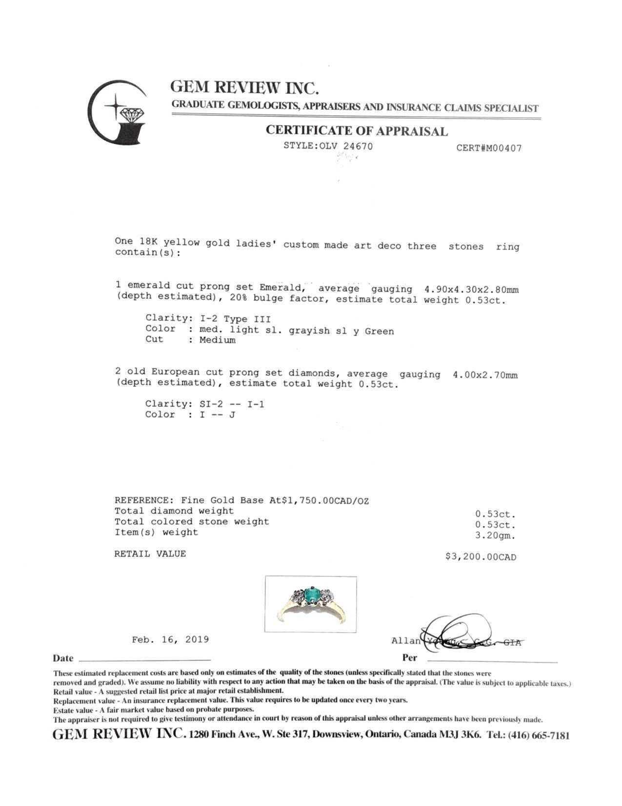 Antique Art Deco Emerald and Diamond Three Stone Ring