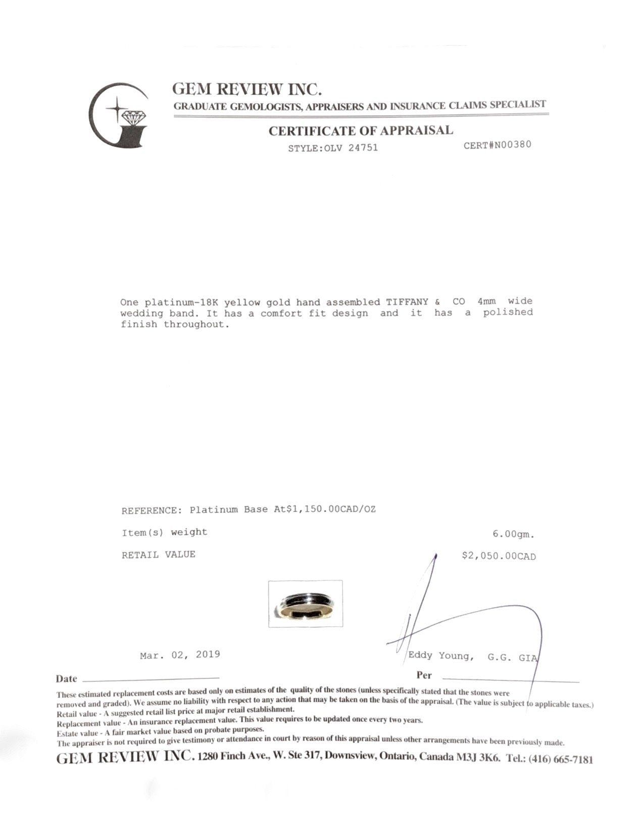 Tiffany & Co. Platinum & Gold Classic Wedding Band Ring