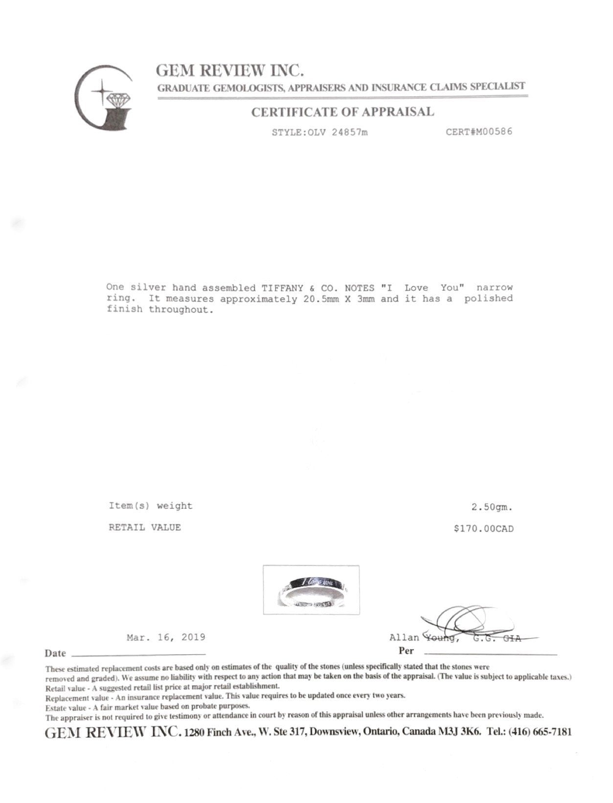 Tiffany & Co. Notes "I Love You" Ring