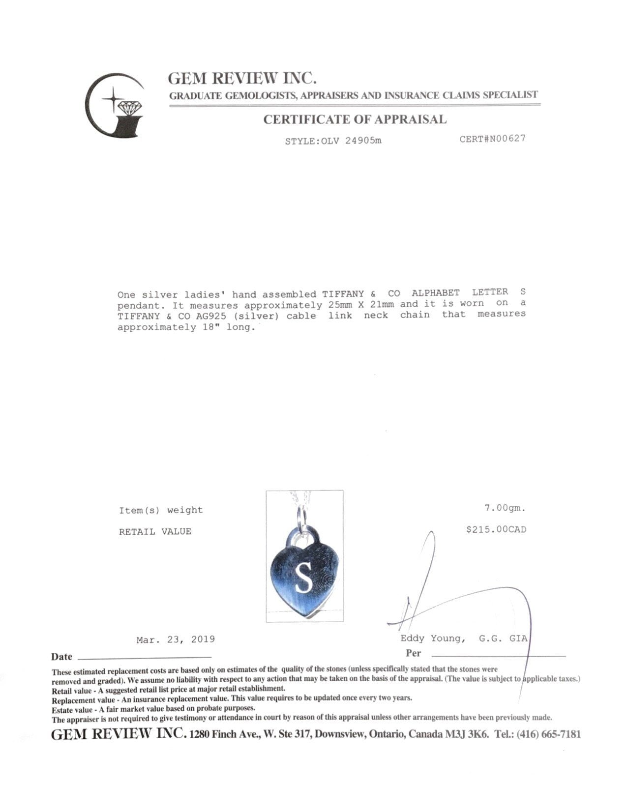 Tiffany & Co. Alphabet Letter 'S' Heart Tag Pendant Necklace