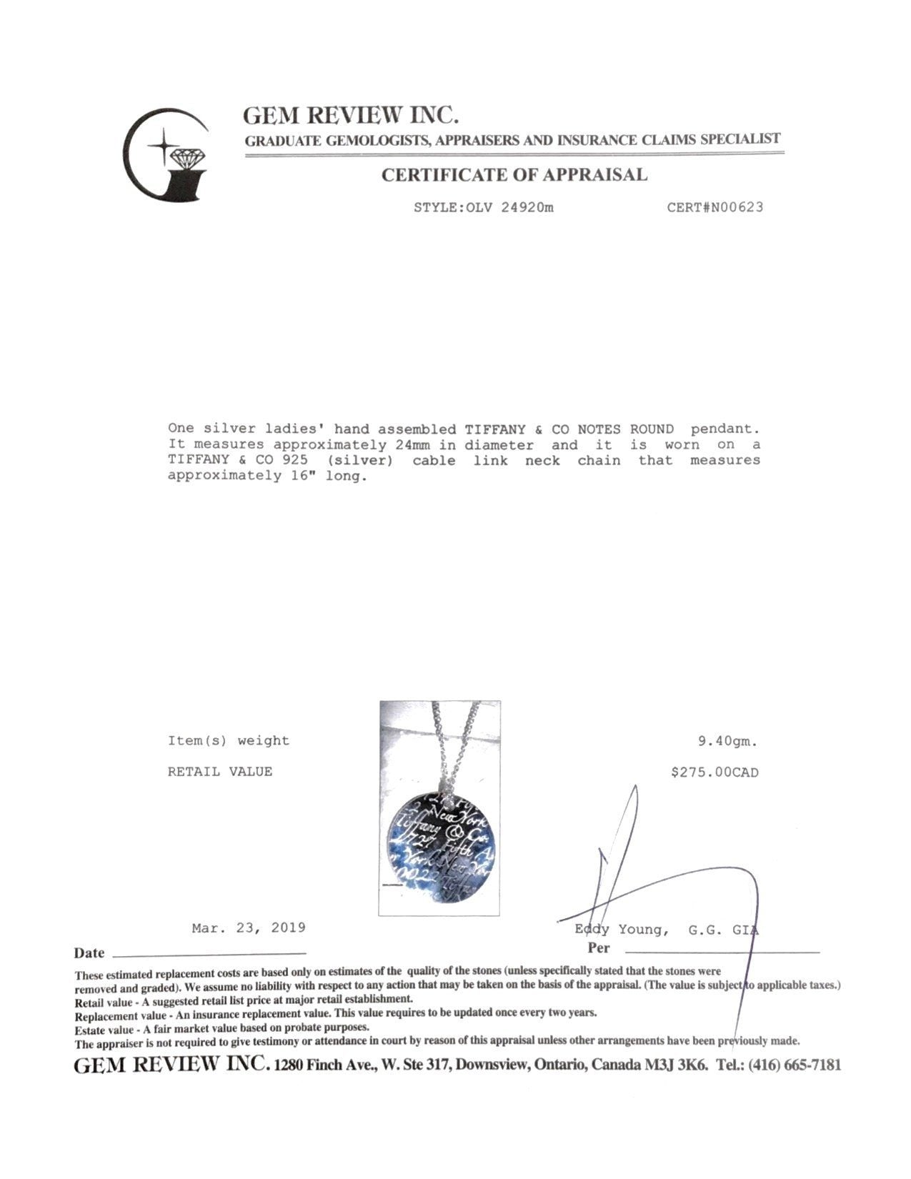 Tiffany & Co. Notes Round Pendant Necklace