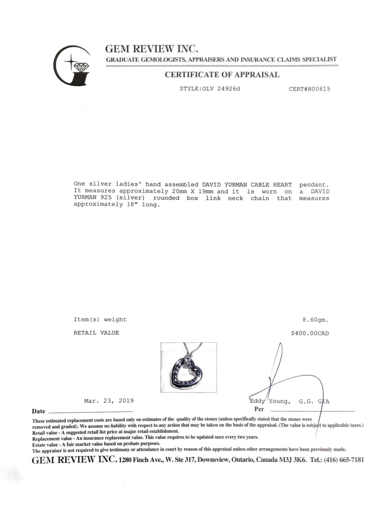 David Yurman Cable Heart Pendant Necklace