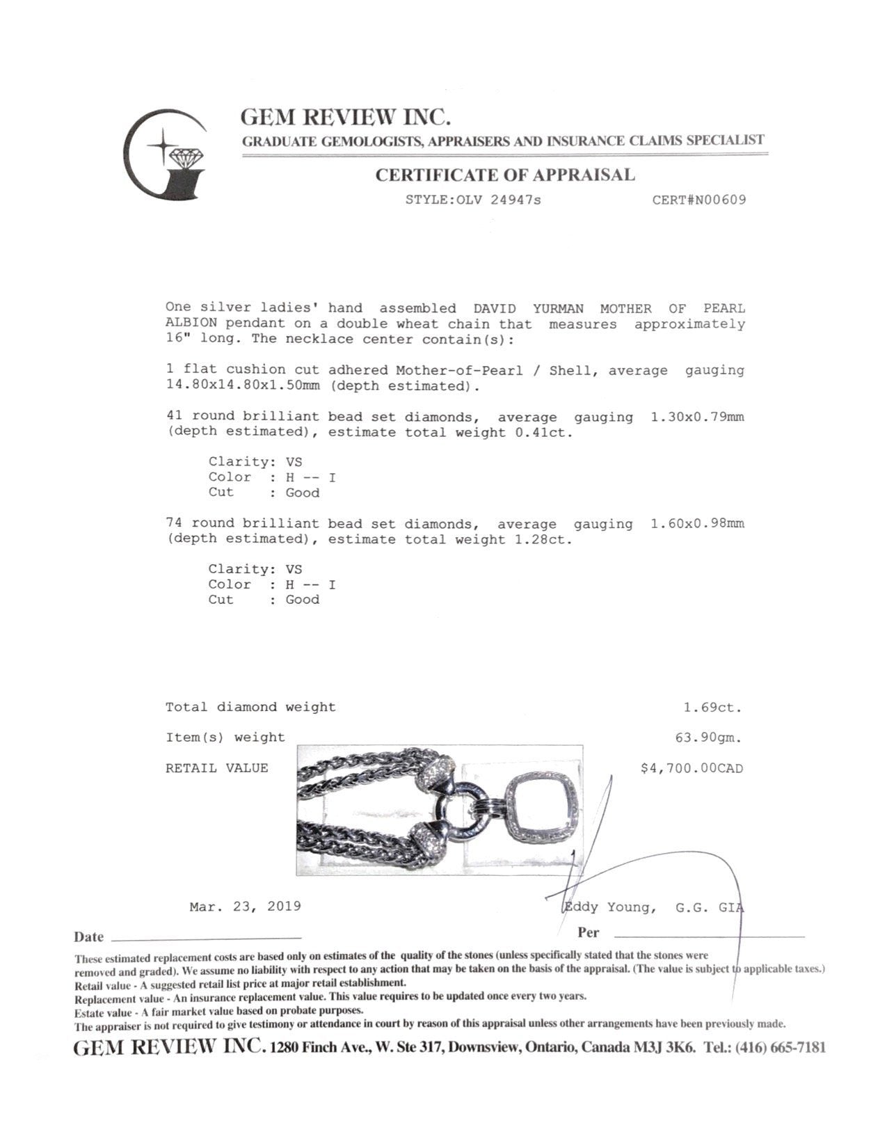 David Yurman Mother of Pearl & Diamond Albion Pendant on Double Wheat Chain Necklace with Diamonds