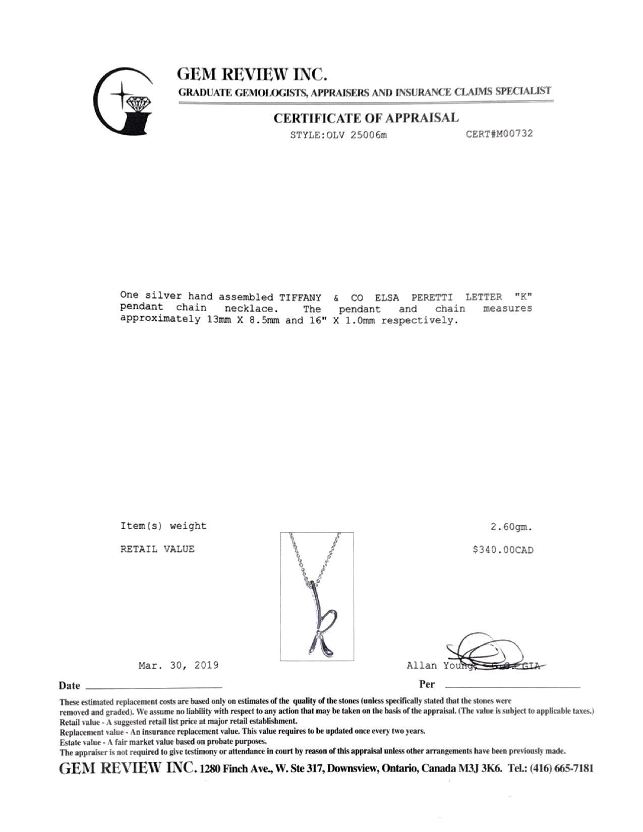 Tiffany & Co. Elsa Peretti Letter 'K' Pendant Necklace