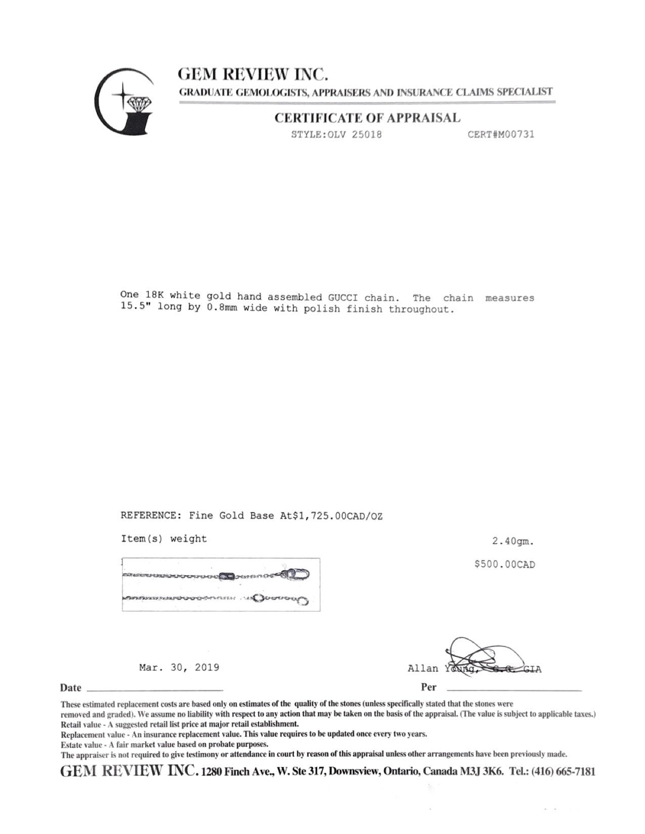 Gucci 18k White Gold Chain