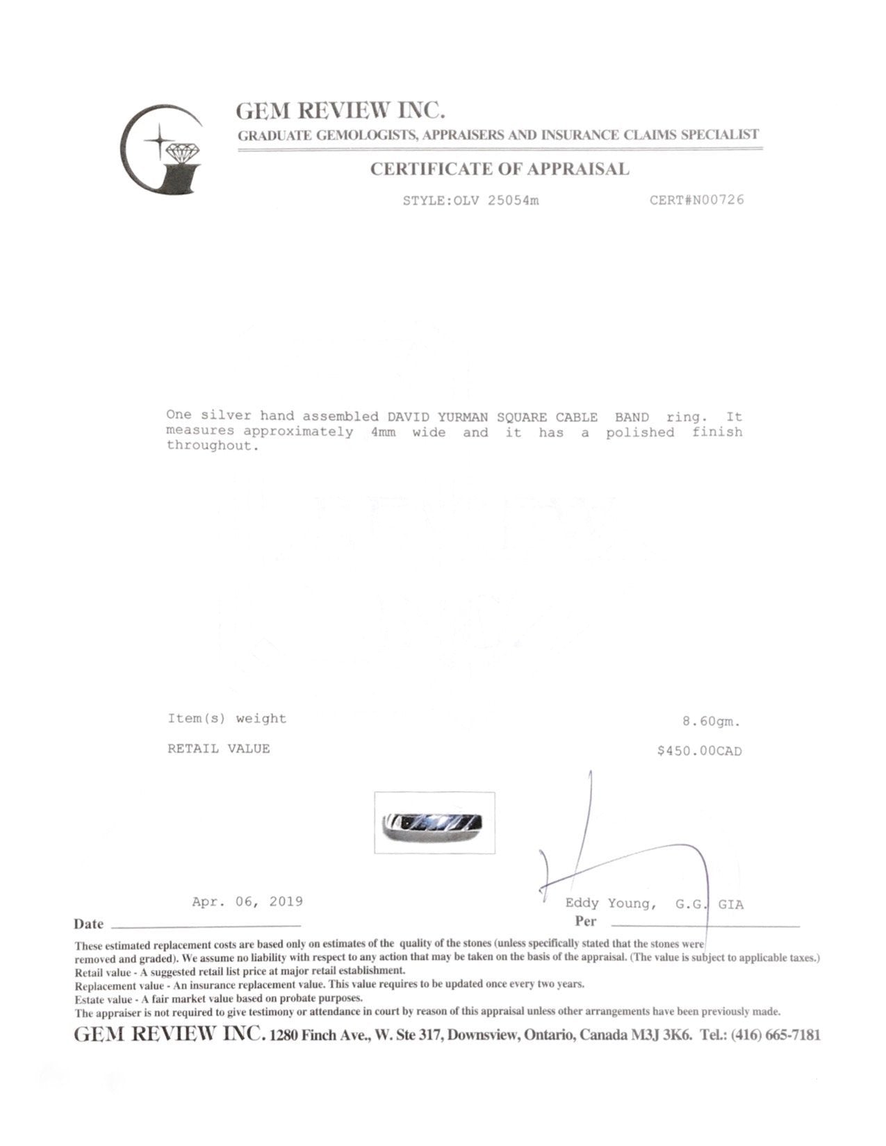 David Yurman Square Cable Narrow Band Ring