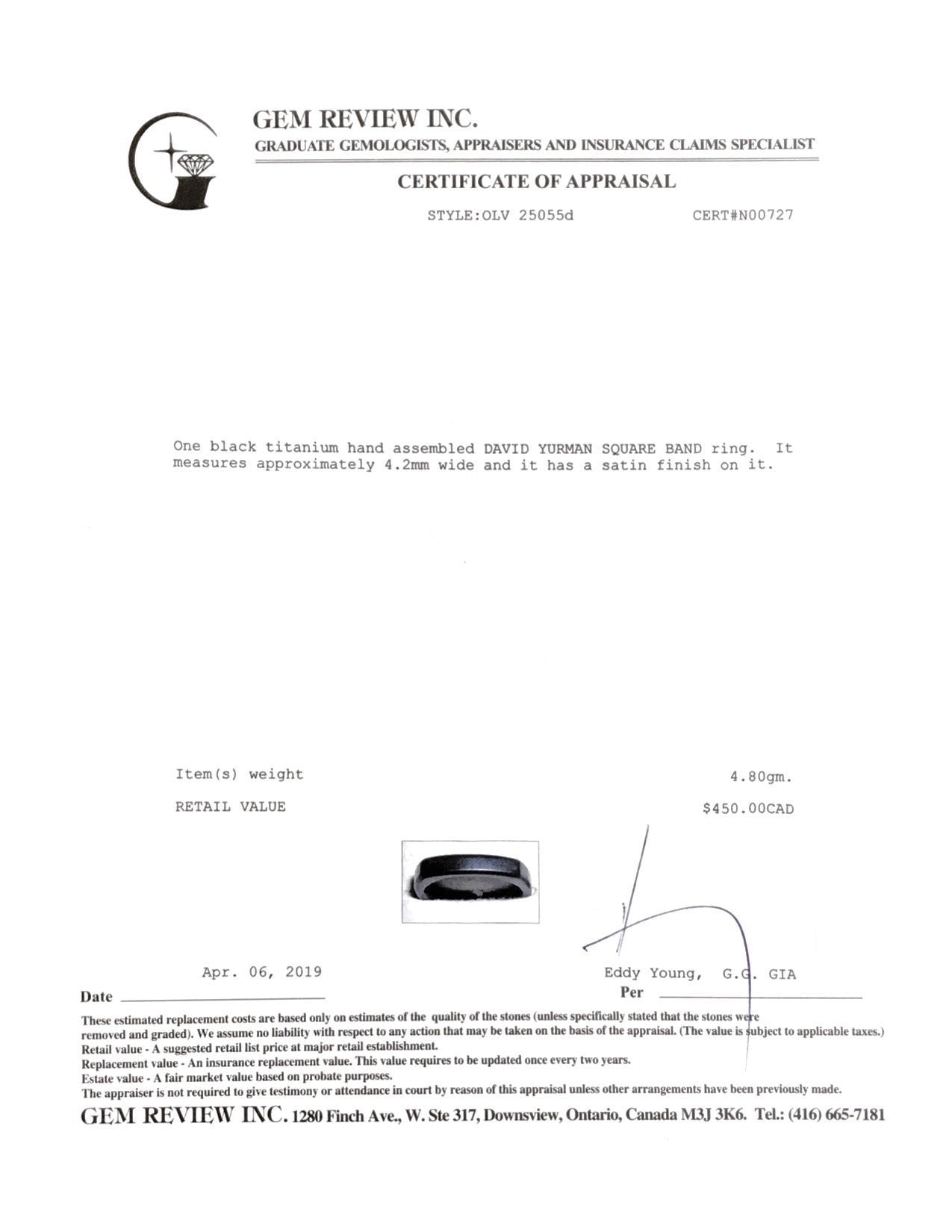 David Yurman Black Titanium Square Narrow Band Ring