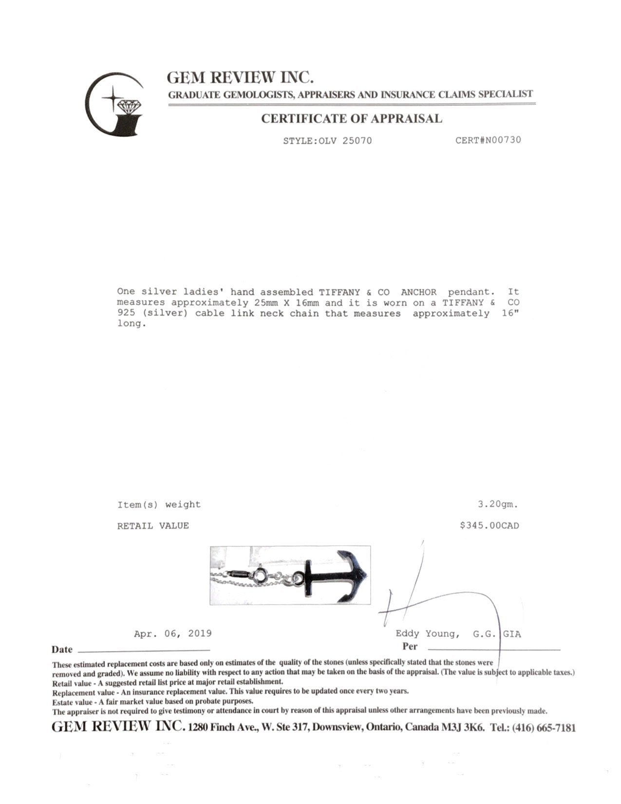 Tiffany & Co. Anchor Pendant Necklace