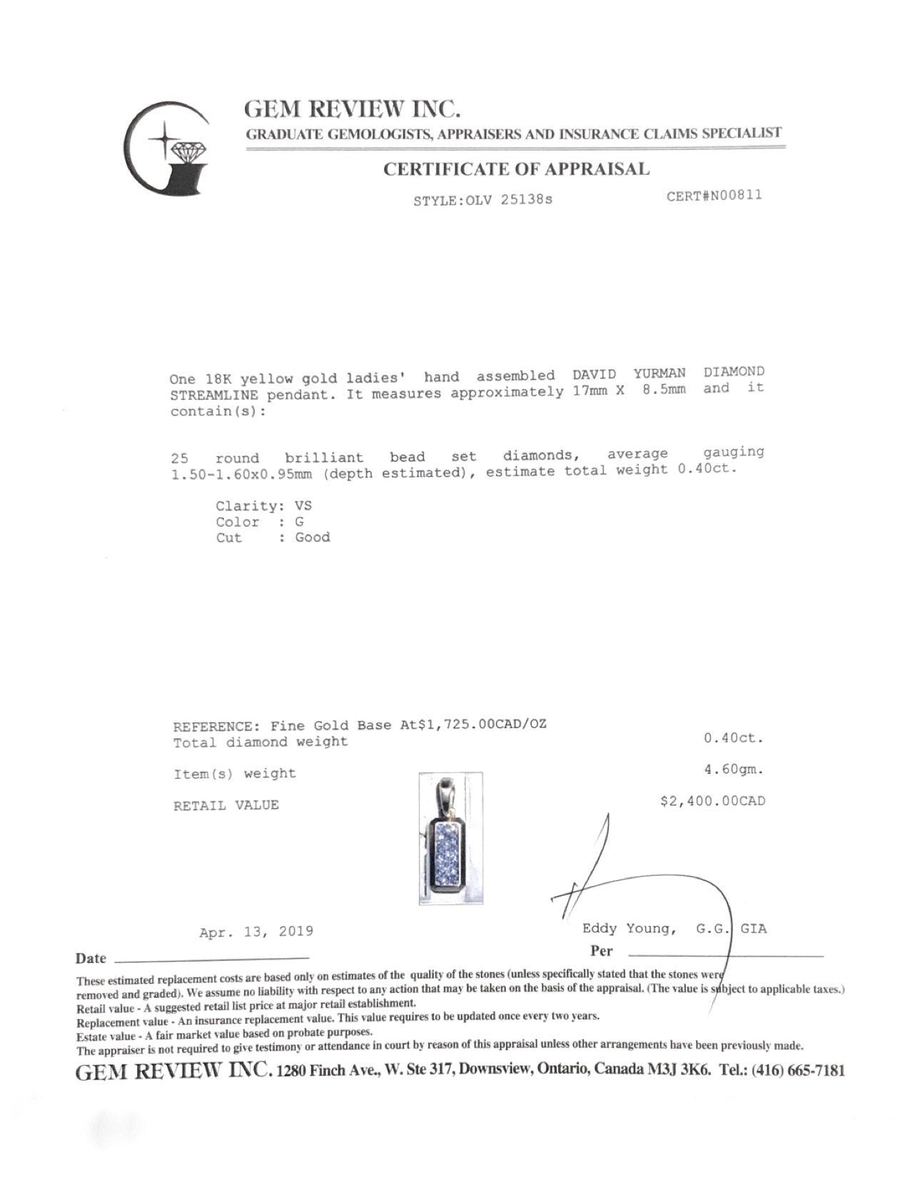 David Yurman 18k Gold Diamond Streamline Amulet Pendant