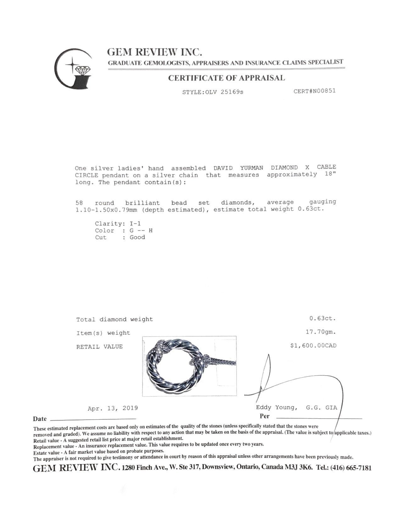 David Yurman Cable Starlight Diamond X Circle Pendant Necklace