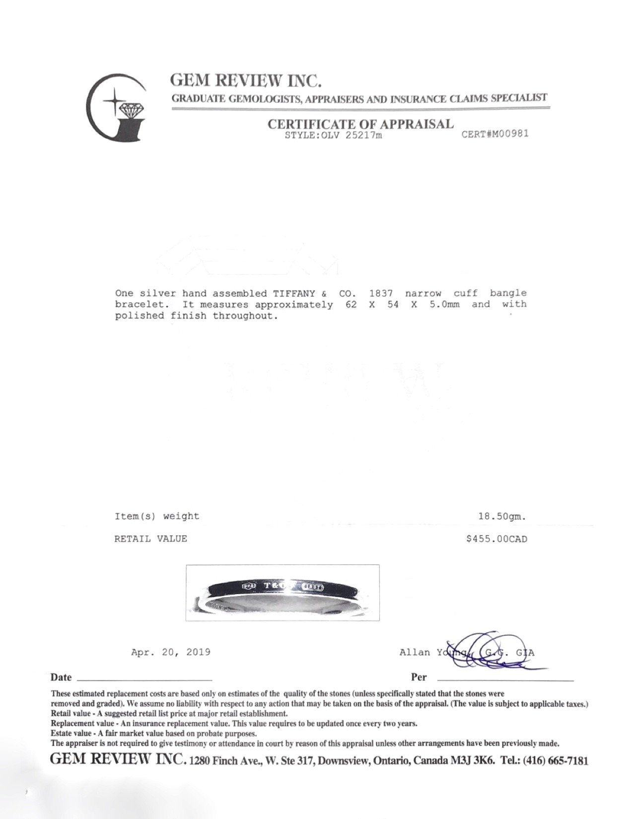 Tiffany & Co. 1837 Narrow Cuff