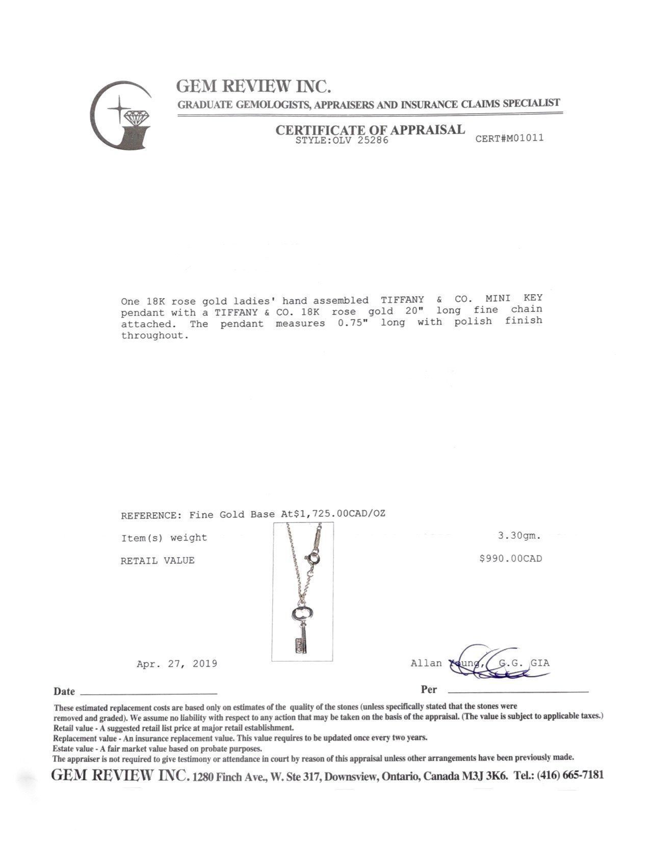 Tiffany & Co. 18k Rose Gold Mini T & Co. Key Pendant Necklace