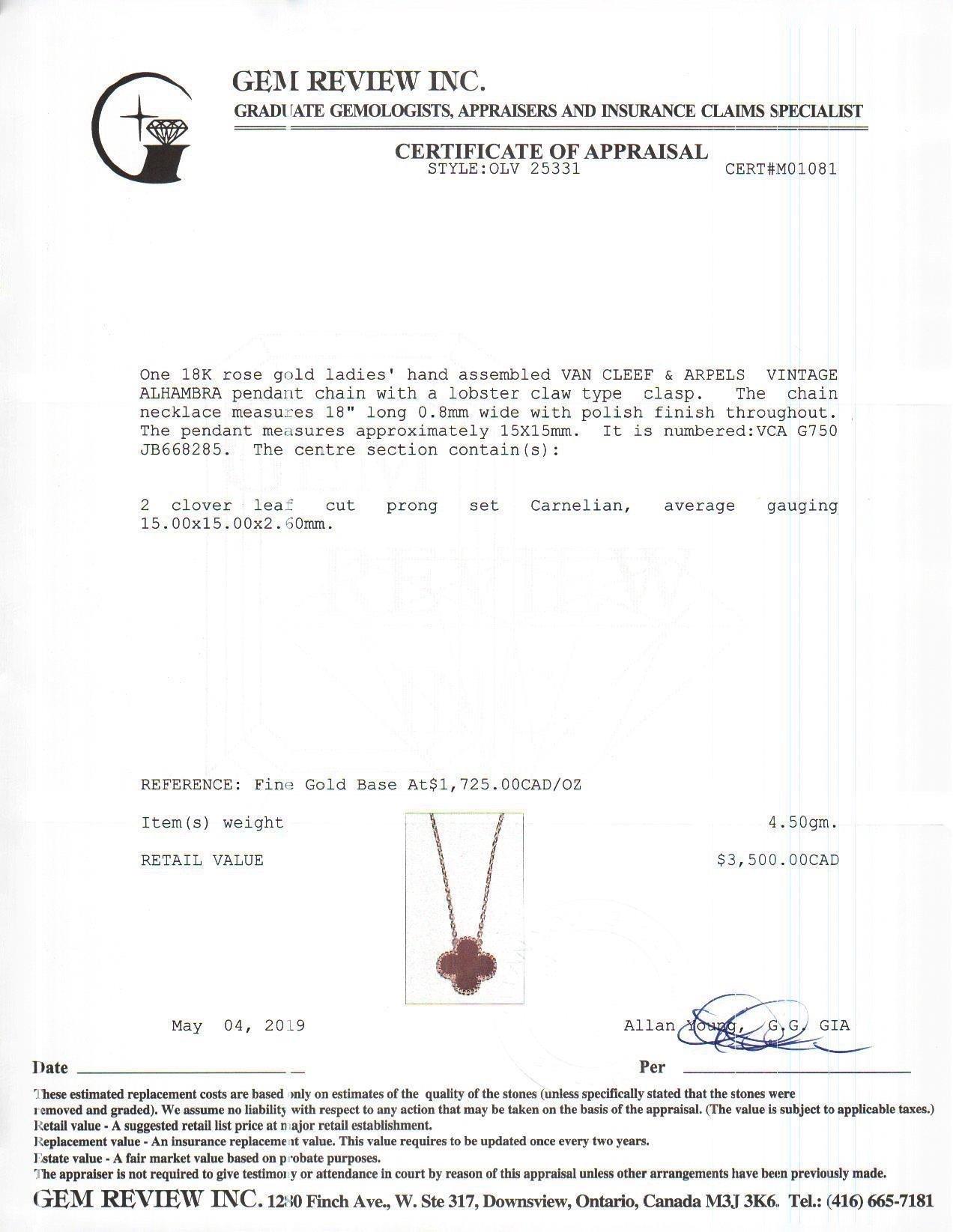 Van Cleef & Arpels Vintage Alhambra Carnelian Pendant Necklace