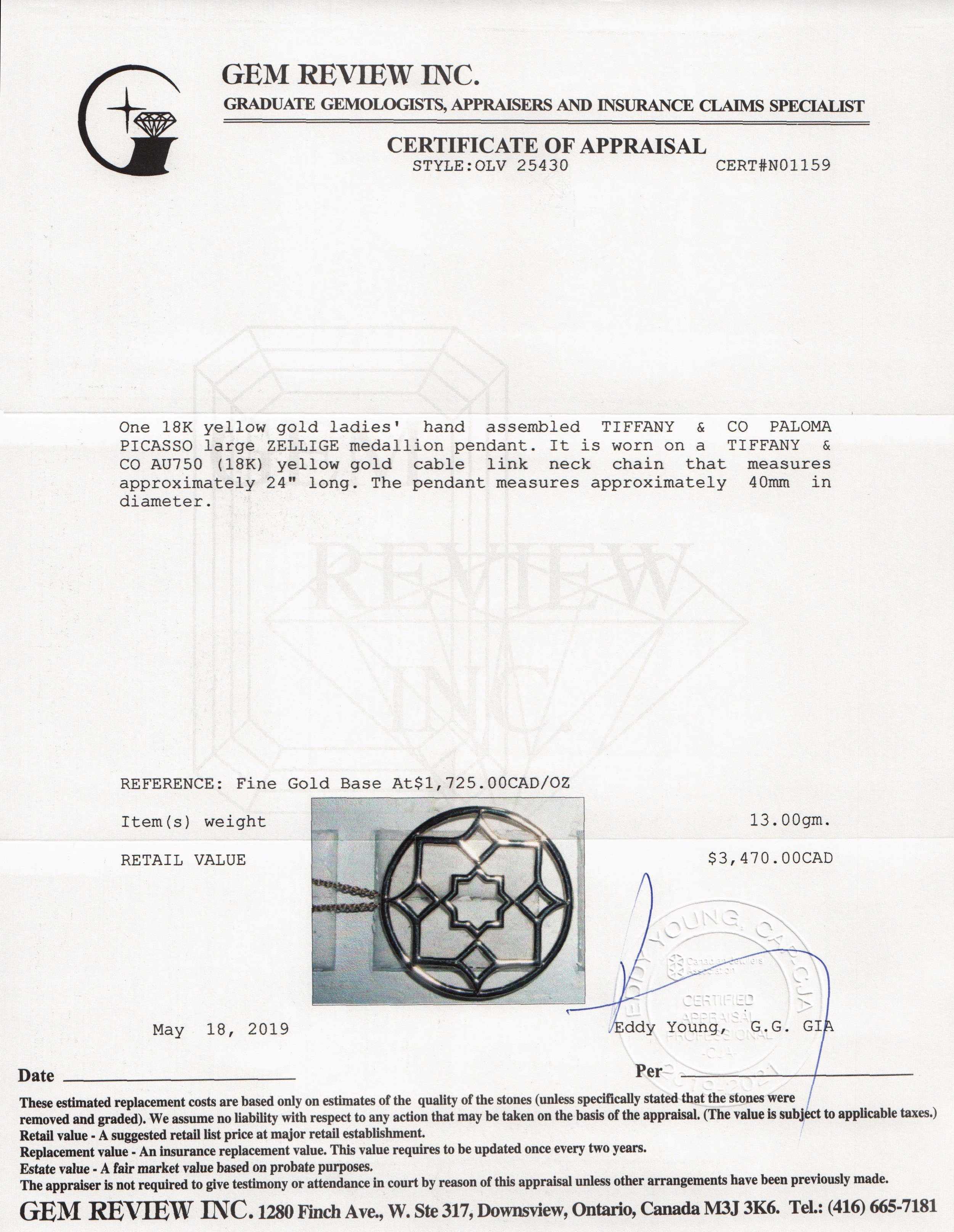 Tiffany & Co. Paloma Picasso 18k Large Zellige Medallion Pendant Necklace